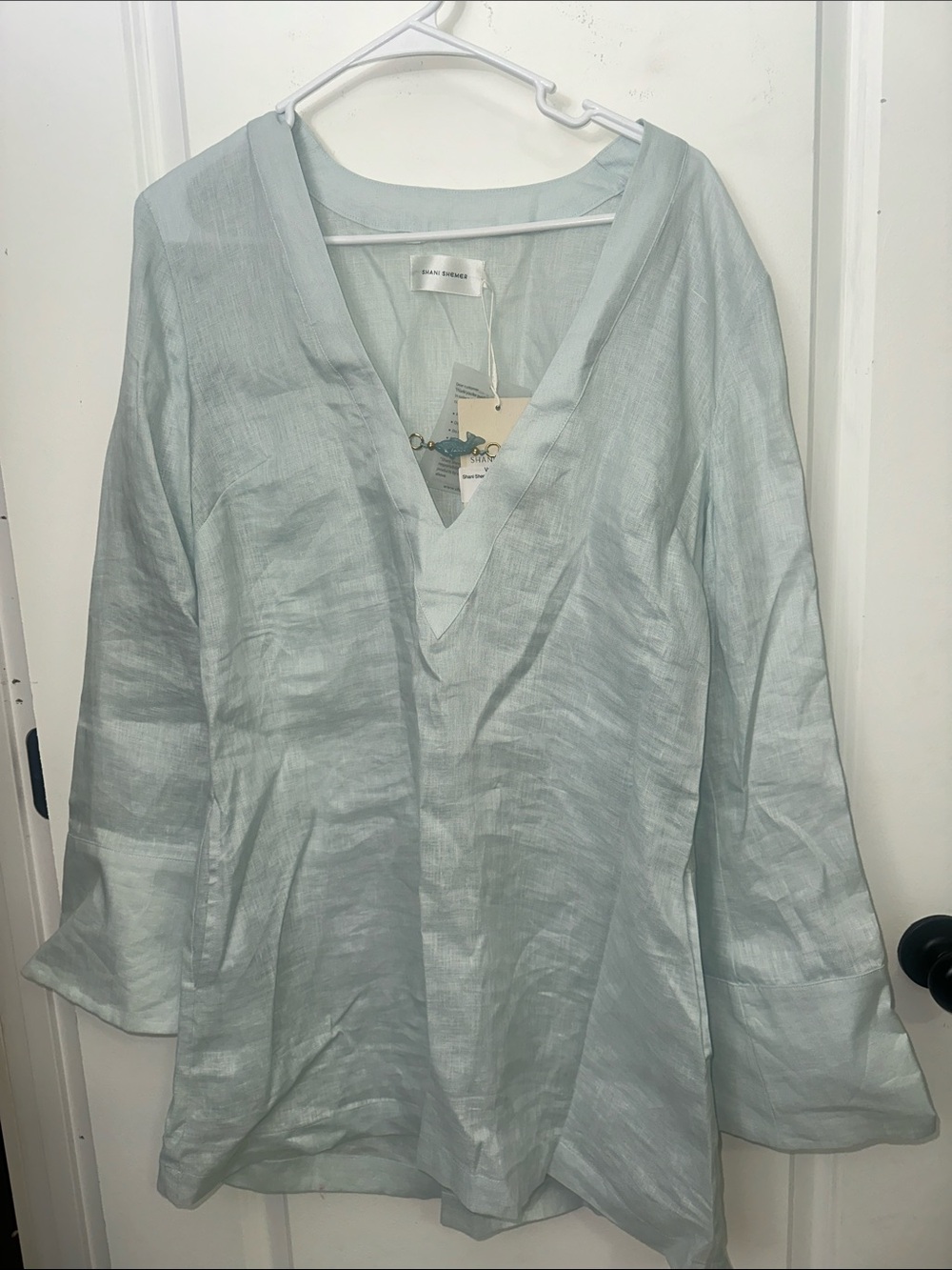 Shani Shemer Valerie Kaftan Aqua Blue Linen Swim Cover Up Size L Luxury NWT - Picture 6 of 9